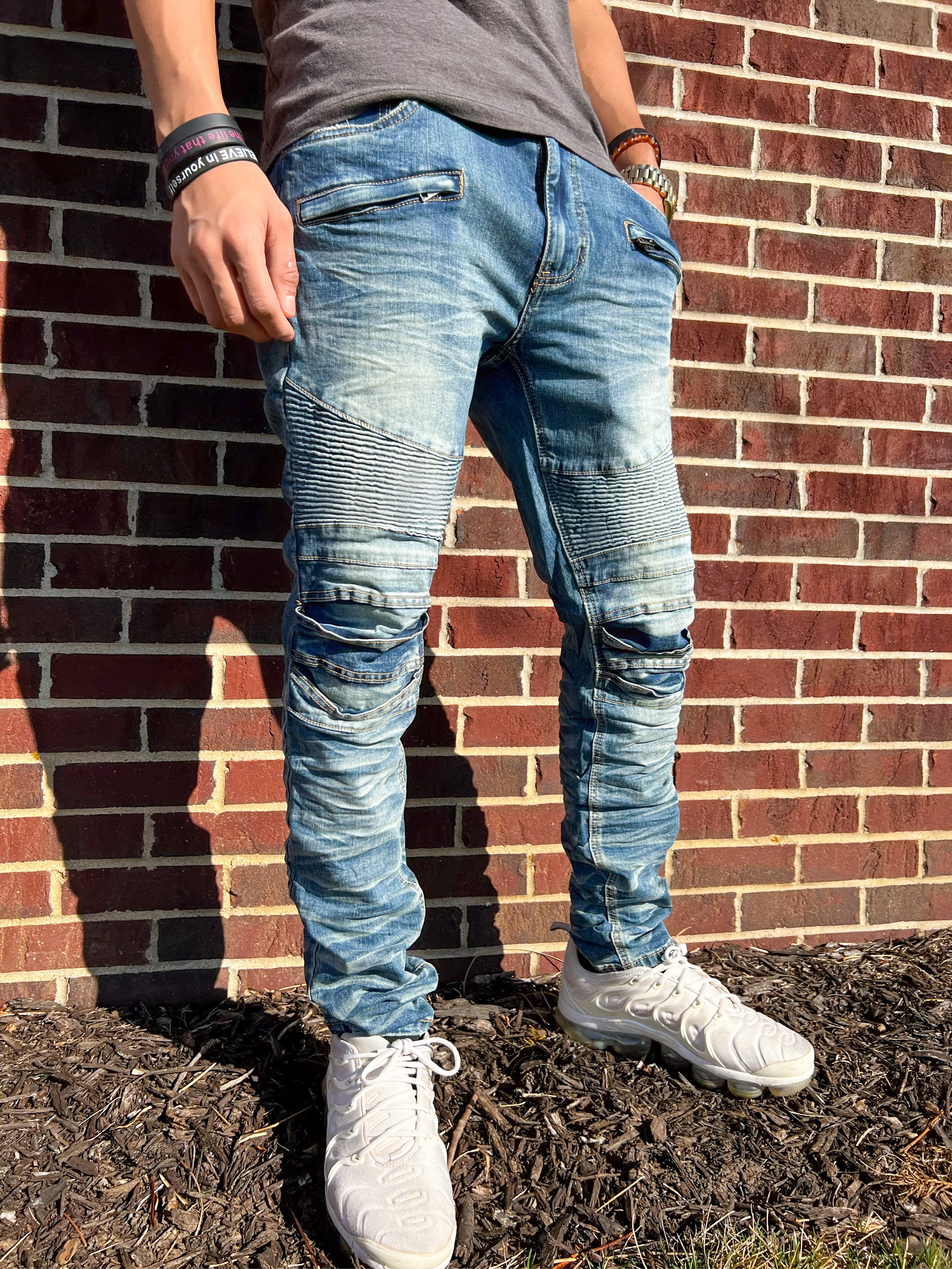 Dark blue biker on sale jeans